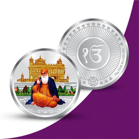 99.9% Fine Silver, Limited Edition Guru Nanak Dev Ji Color Printed Silver Coin, Intricate Design, Gift-Ready Presentation with Certificate of Authenticity.