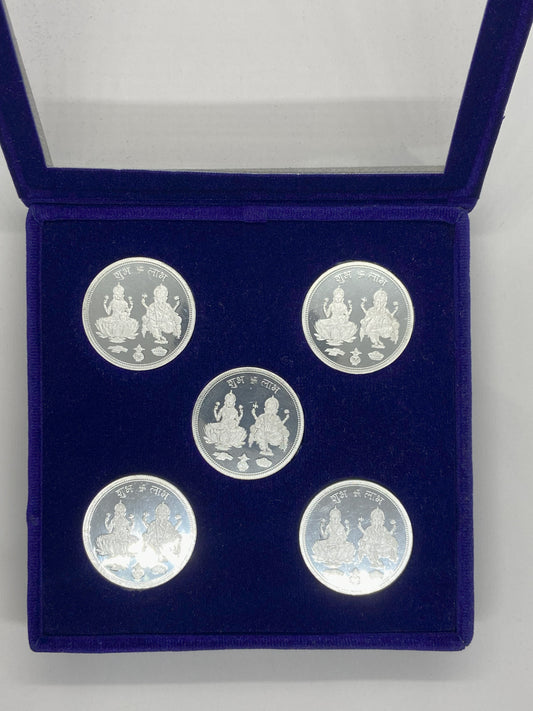 BIS Hallmarked 999 Pure Silver Laxmi Ganesh Silver Coin. Set of 5 or 11 Coins 10gm Each. Comes in a Velvet Gift Box.