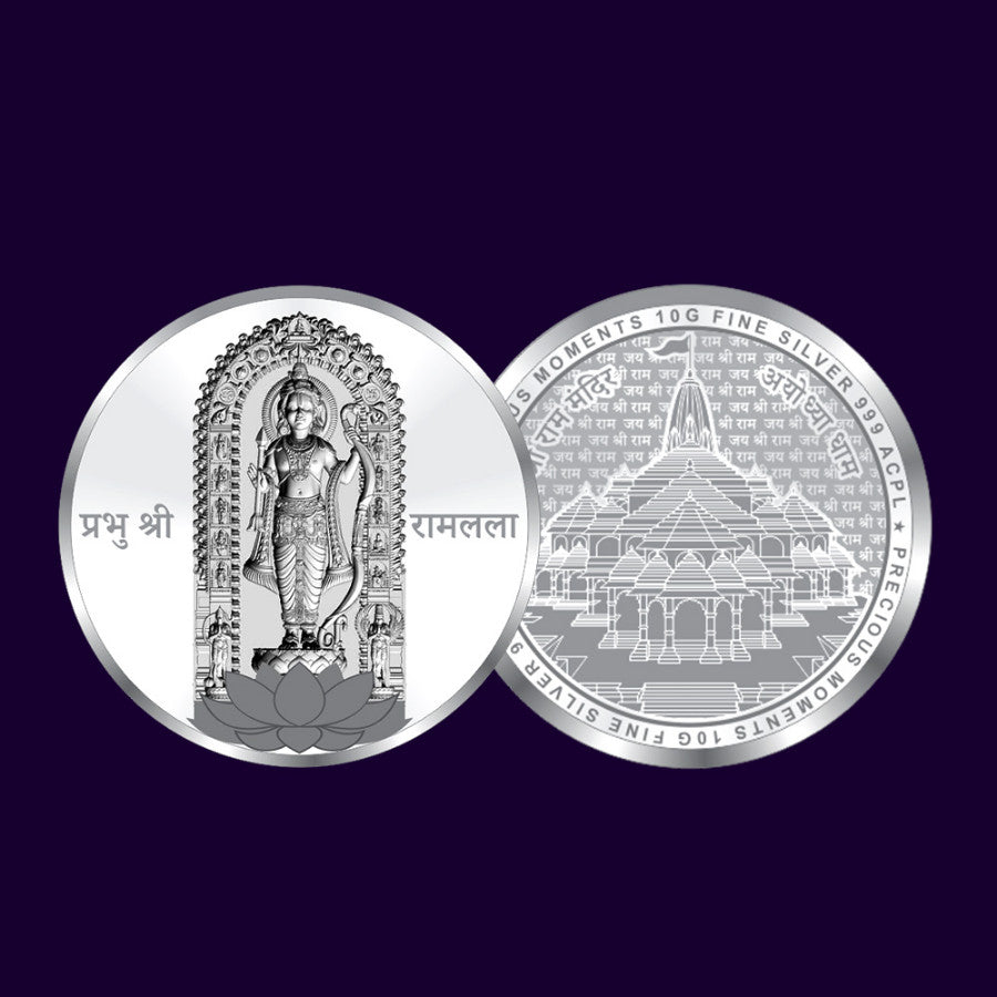 99.9% Fine Silver, Shree Ram Lalla Limited Edition Silver Coin, Intricate Design, Gift-Ready Presentation.