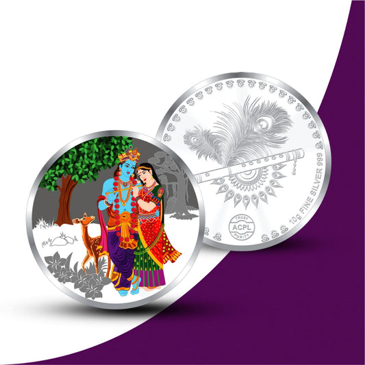 99.9% Fine Silver, Limited Edition Radha Krishna Color Printed Coin, Intricate Design, Gift-Ready Presentation with Certificate of Authenticity.